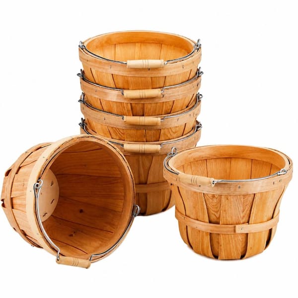 6-Piece Round Woven Wood Fruit and Gift Baskets with Metal Handles in Natural Brown Picnic Baskets