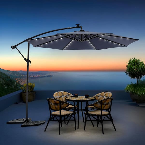 Tenleaf 10 ft. Solar LED Steel Offset Hanging Patio Umbrella in Navy Blue