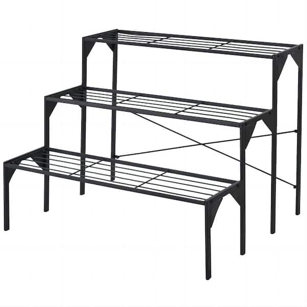 26 in. H x 34 in. W x 39 in. D Indoor/Outdoor Black Steel Plant Stand 3-Tier