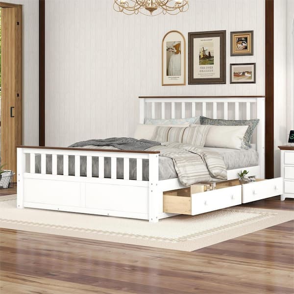 Harper & Bright Designs Elegant White and Walnut Wood Frame Queen Size Platform Bed with 2-Drawers