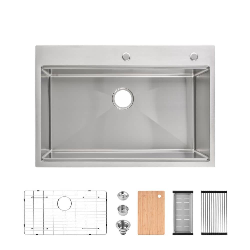 33 in. Drop-In Single Bowl Brushed Stainless Steel Kitchen Sink with Cutting Board, Drain, Colander, Strainer price history on PriceWatchPro