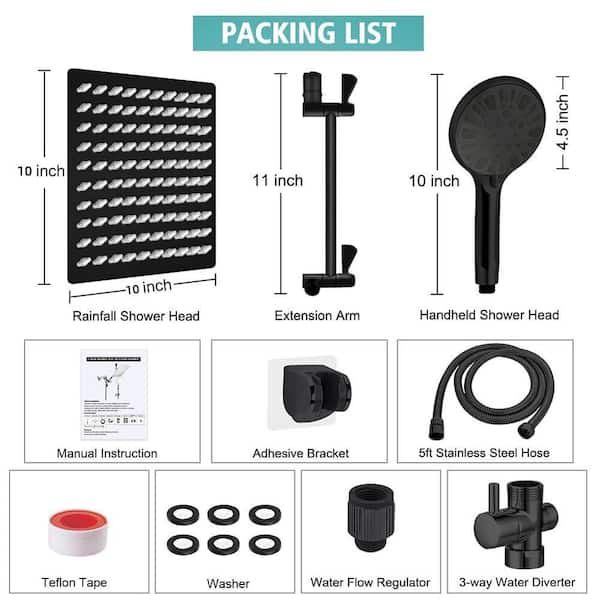 2-Piece 10 in. High Pressure Rainfall and Handheld Shower in Black with 11 in. Extension Arm, 9 Settings and Holder