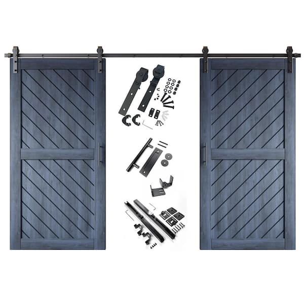 XT2 40 in. x 80 in. C-Panel Navy Slanted Stripe Design Double Pine Wood Sliding Barn Door with Hardware Kit