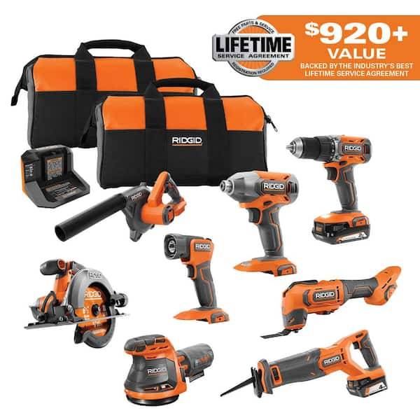 18V Cordless 8-Tool Combo Kit with 2.0 Ah Battery, 4.0 Ah Battery, and Charger