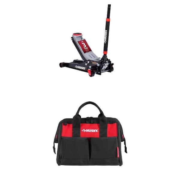 3-Ton Low Profile Floor Jack with Quick Lift and 12 in 4 Pocket Zippered Tool Bag Combo