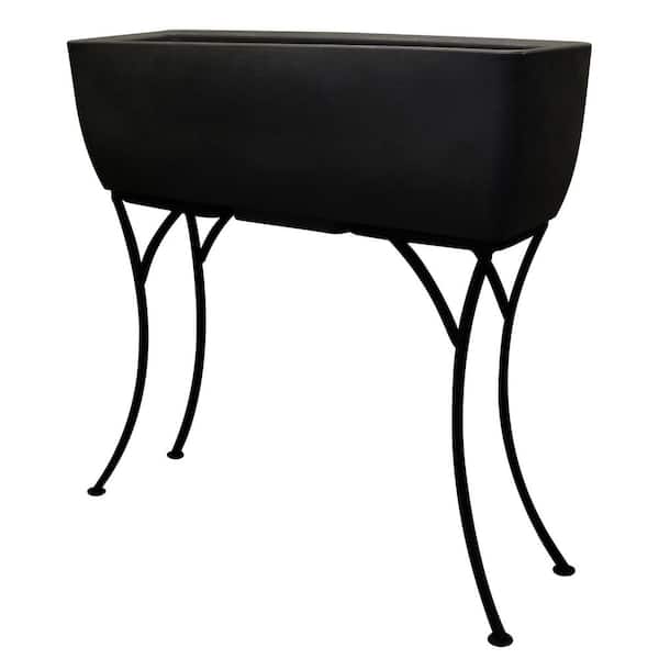 RTS Home Accents 30 in. x 10 in. Indoor/Outdoor Black Polyethylene Rectangular Planter with Wrought Iron Stand