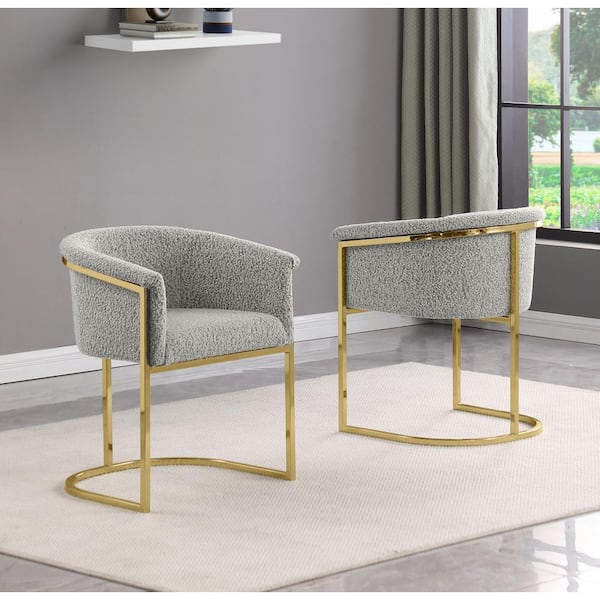 Best Quality Furniture Luke Rich Gray Boucle Fabric Dining Chair Set of 2 with Floor Adjuster Gold Chrome Base