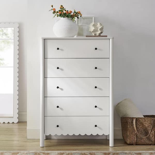 Modway Modway Emmeline Scallop 5-Drawer Chest in White – Tall Dresser with 5 Full-Glide Drawers