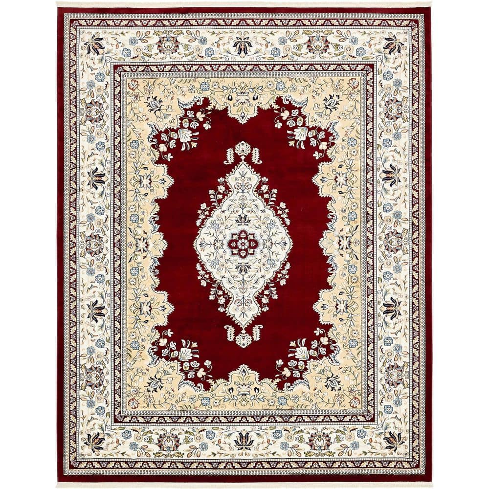 Burgundy and Cream 8' x 10' Synthetic Traditional Area Rug