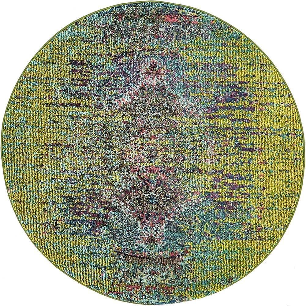 Vibrant Round 4' Synthetic Easy-Care Yellow & Green Rug