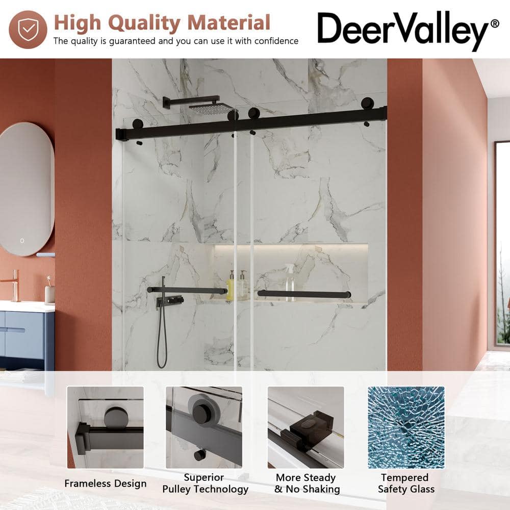 Black Frameless Double Sliding Shower Door with Tempered Glass
