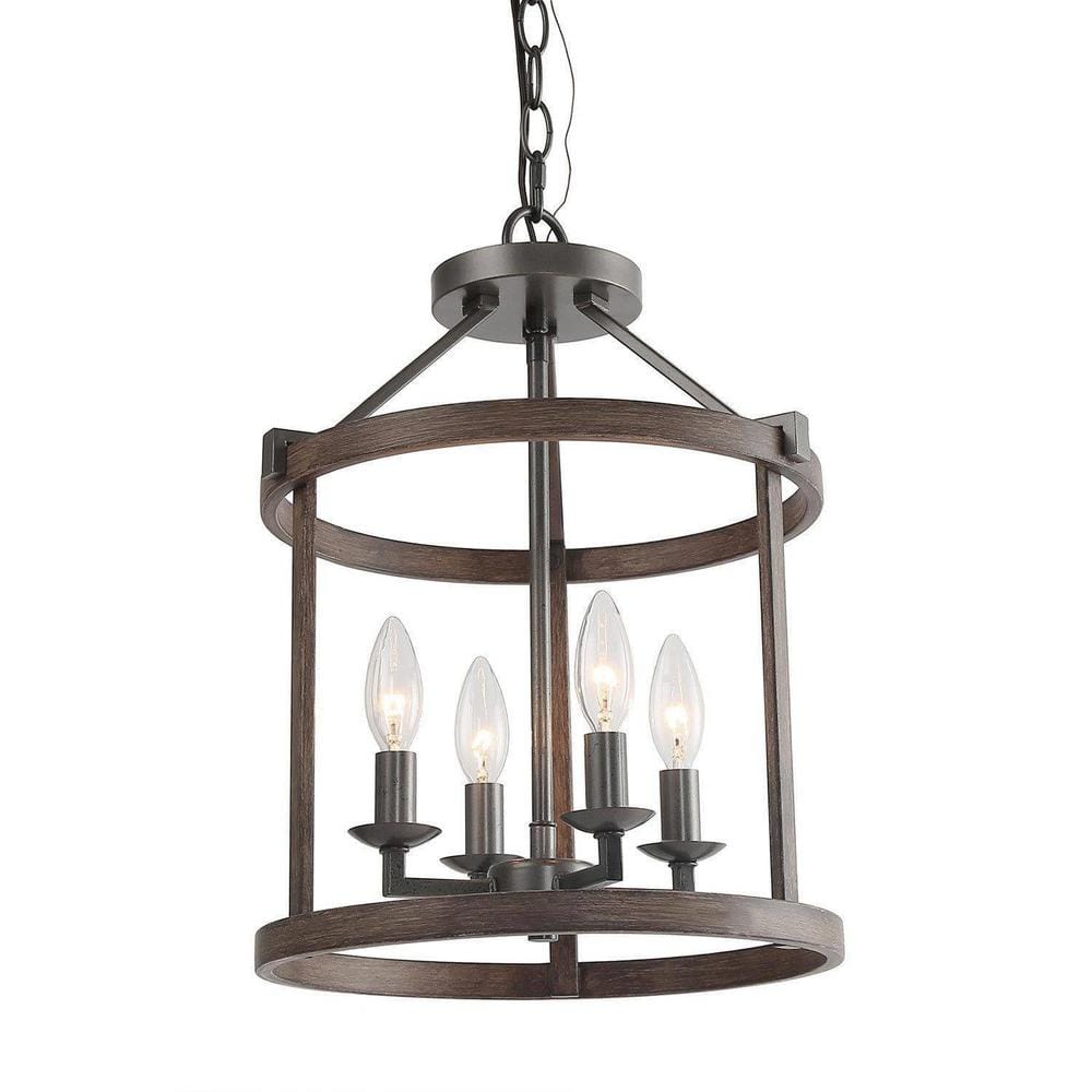 4-Light Lantern Style Farmhouse Chandelier with Wooden Texture and Weathere