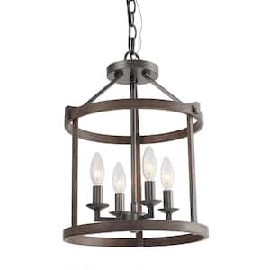 4-Light Lantern Style Farmhouse Chandelier with Wooden Texture and Weathered Rust Finish