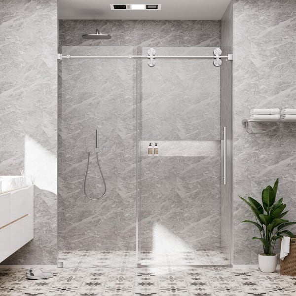 60 in. W x 80 in. H Single Sliding Frameless Shower Door in Brushed Nickel with Smooth Sliding and 3/8 in. Clear Glass