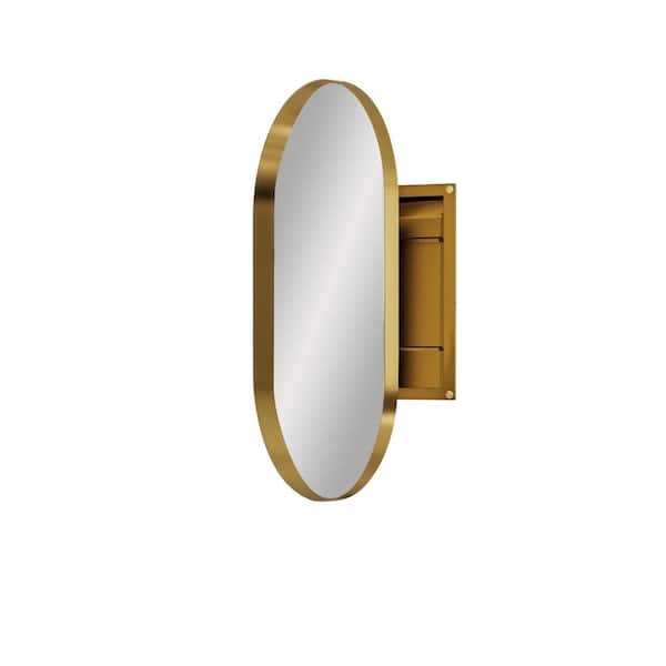 Unbranded Gold 20.5 in. W x 33.5 in. H Oval Metal Medicine Cabinet with Mirror Adjustable Shelves, Wall Mirror with Storage