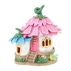 Solar Pink and Blue Daisy Petal Roof Fairy House, 9.5 x 7.5 x 10 in. Garden Statue