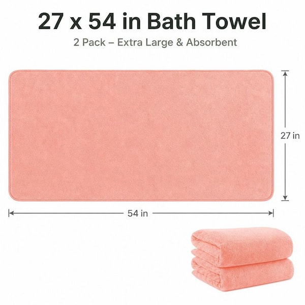 Numhew 2-Piece Pink Microfiber Bath Towels 27 x 54 in. Soft