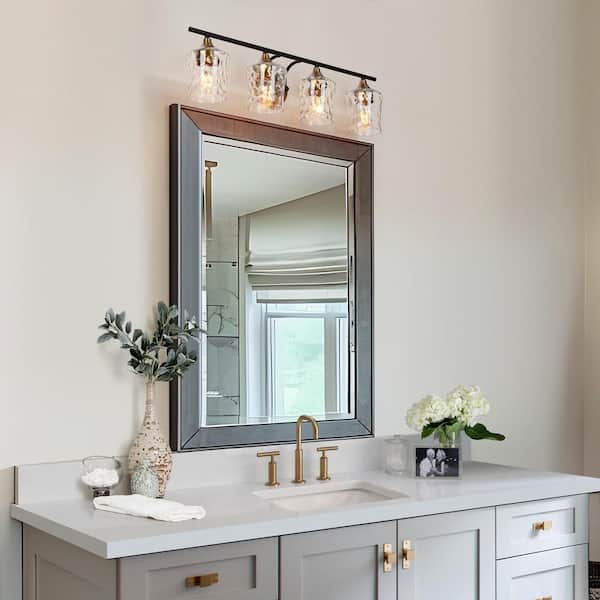 Modern Black Wall Sconce Lighting, Transitional 28 in. 4-Light Brass Gold Bathroom Vanity Light with Water Glass Shades