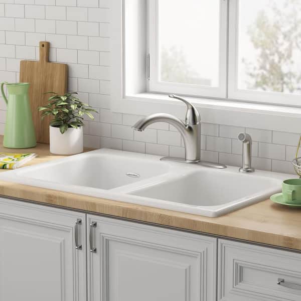 Quince Drop-in Cast Iron 33 in. 4-Hole Double Bowl Kitchen Sink in Brilliant White