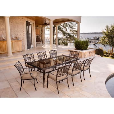 Traditions 9-Piece Aluminum Outdoor Dining Set with Rectangular Glass-Top Table with Natural Oat Cushions