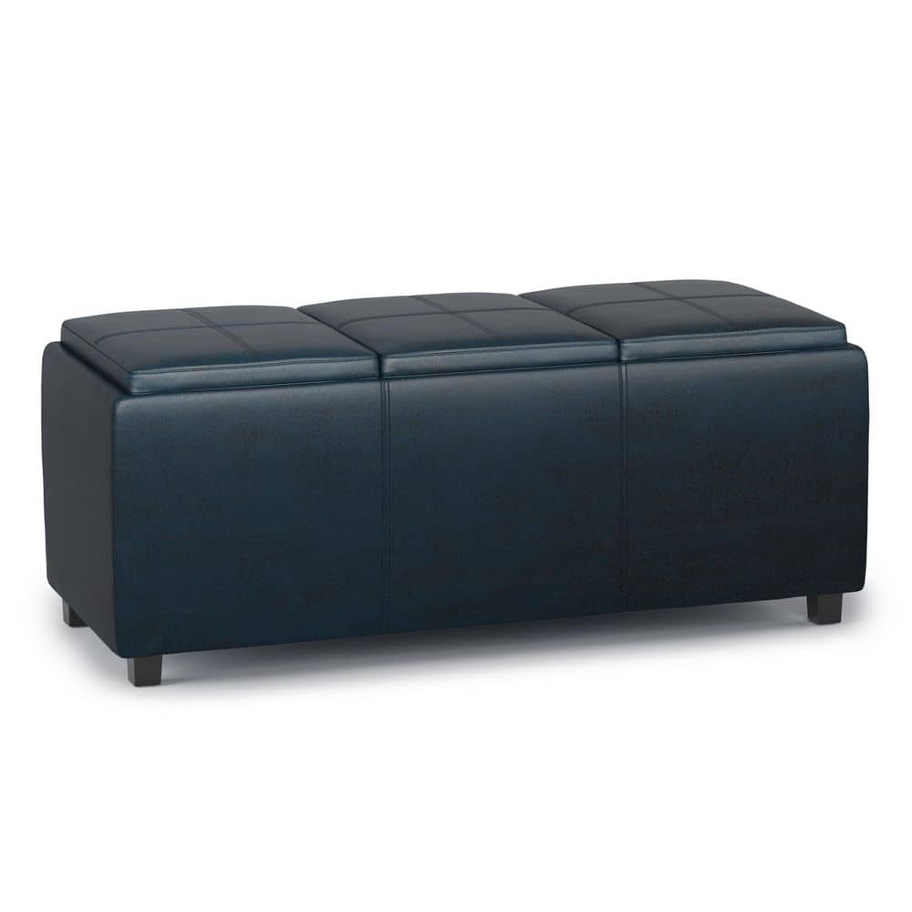 Avalon Distressed Dark Blue Faux Leather Storage Ottoman with Trays