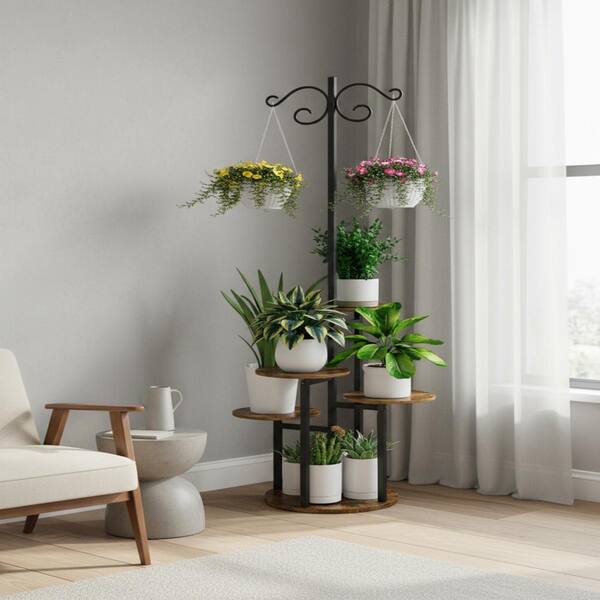 5 Tier Black+Rustic Brown Wood Plant Stand with hook (20 in. W x
