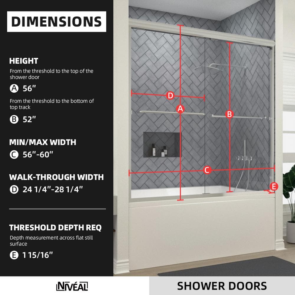 60'' Chrome Semi Frameless Sliding Tub Door with Clear Glass