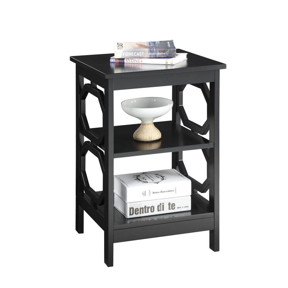 Omega Black Wood Round End Table with Geometric Shelves