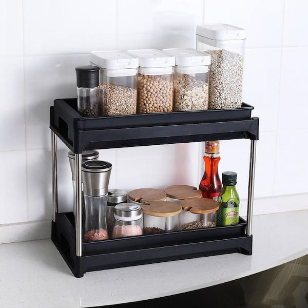 2-Tier Plastic Household Shelving Unit in Black with 2 Hooks for Kitchen (15 in. W x 12.2 in. H x 8.3 in. D)