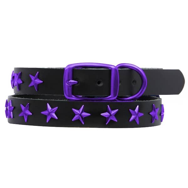 Platinum Pets 24 in. Black Genuine Leather Dog Collar in Purple Stars