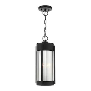 Rockridge 18 in. 2-Light Black Dimmable Outdoor Pendant Light with Electrical Plated Smoke Glass and No Bulbs Included