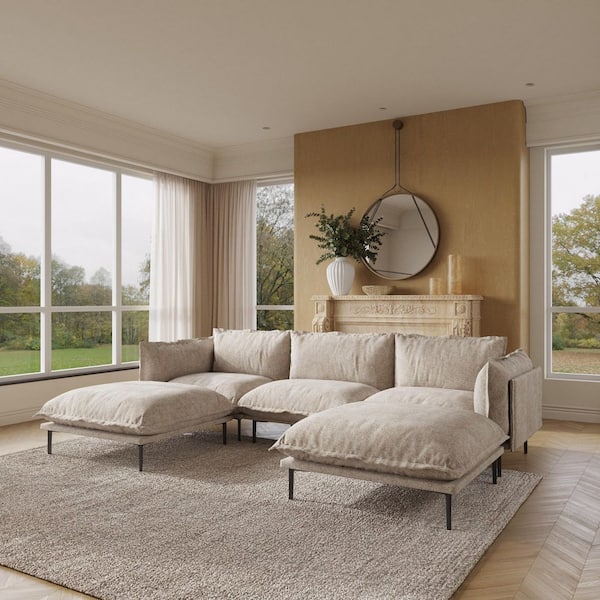 Spacious 111.02 in. Square Arm 5-Piece Cloud Velvet Modular Down Feather Sectional Sofa with Ottoman in Light Brown
