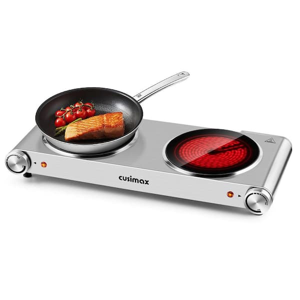 JEREMY CASS Double Infrared Burner 7.1 in. Stainless Steel Sliver Countertop Hot Plate with Temperature Control, Automatic Shut-Off