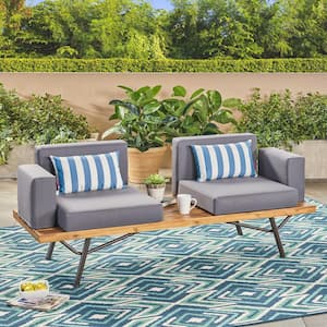 2 -Seater Acacia Wood Outdoor Sectional Sofa Set with Gray Cushion