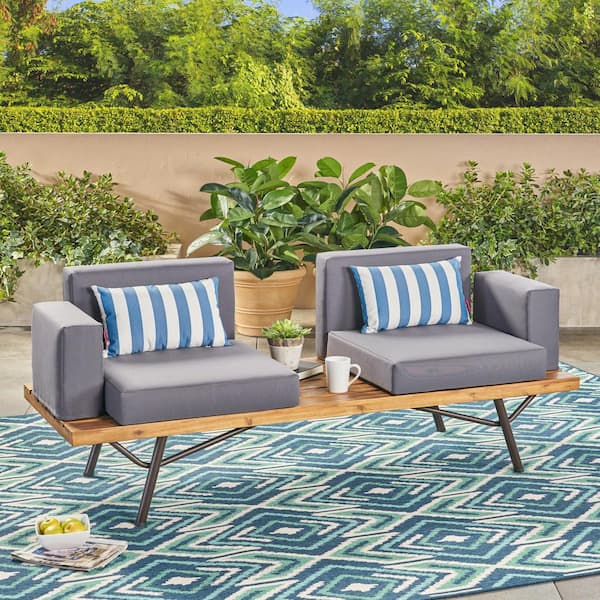 ITOPFOX 2 -Seater Acacia Wood Outdoor Sectional Sofa Set with Gray Cushion