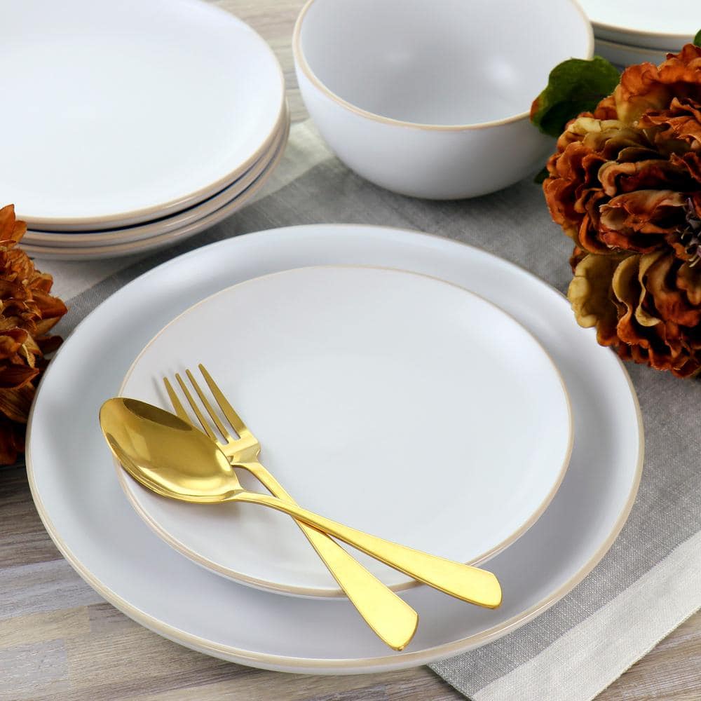 White Ceramic 12-Piece Dinnerware Set with Glossy Rim