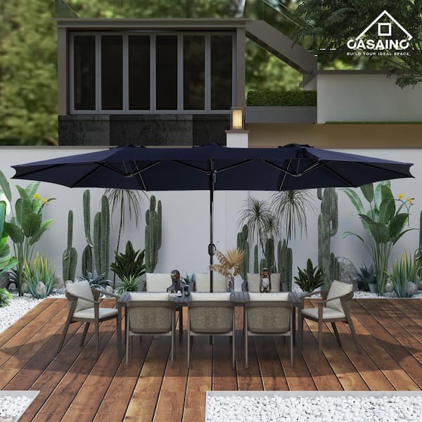 CASAINC 15 ft. Steel Market Patio Umbrella Double-Sided Twin Large Patio Umbrella with Base in Navy