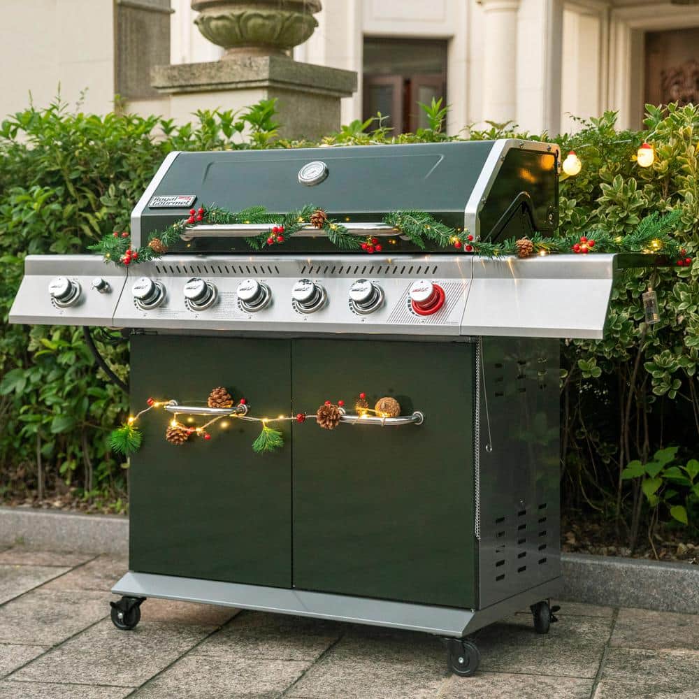 Olive Green Stainless Steel 6-Burner Propane Gas Grill with Side Burner