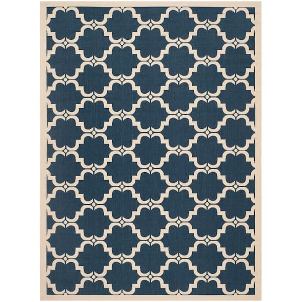 Courtyard Navy/Beige 8 ft. x 11 ft. Border Indoor/Outdoor Patio  Area Rug