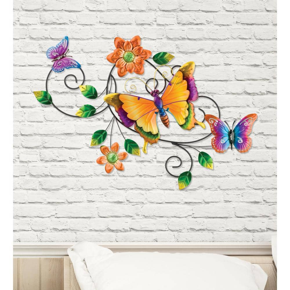 Vibrant Multicolor Metal Butterfly Wall Decor with Flowers