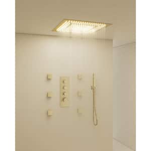 Thermostatic Valve 7-Spray 20 in. LED Dual Ceiling Mount Shower Head and Handheld Shower 2.5 GPM in Brushed Gold
