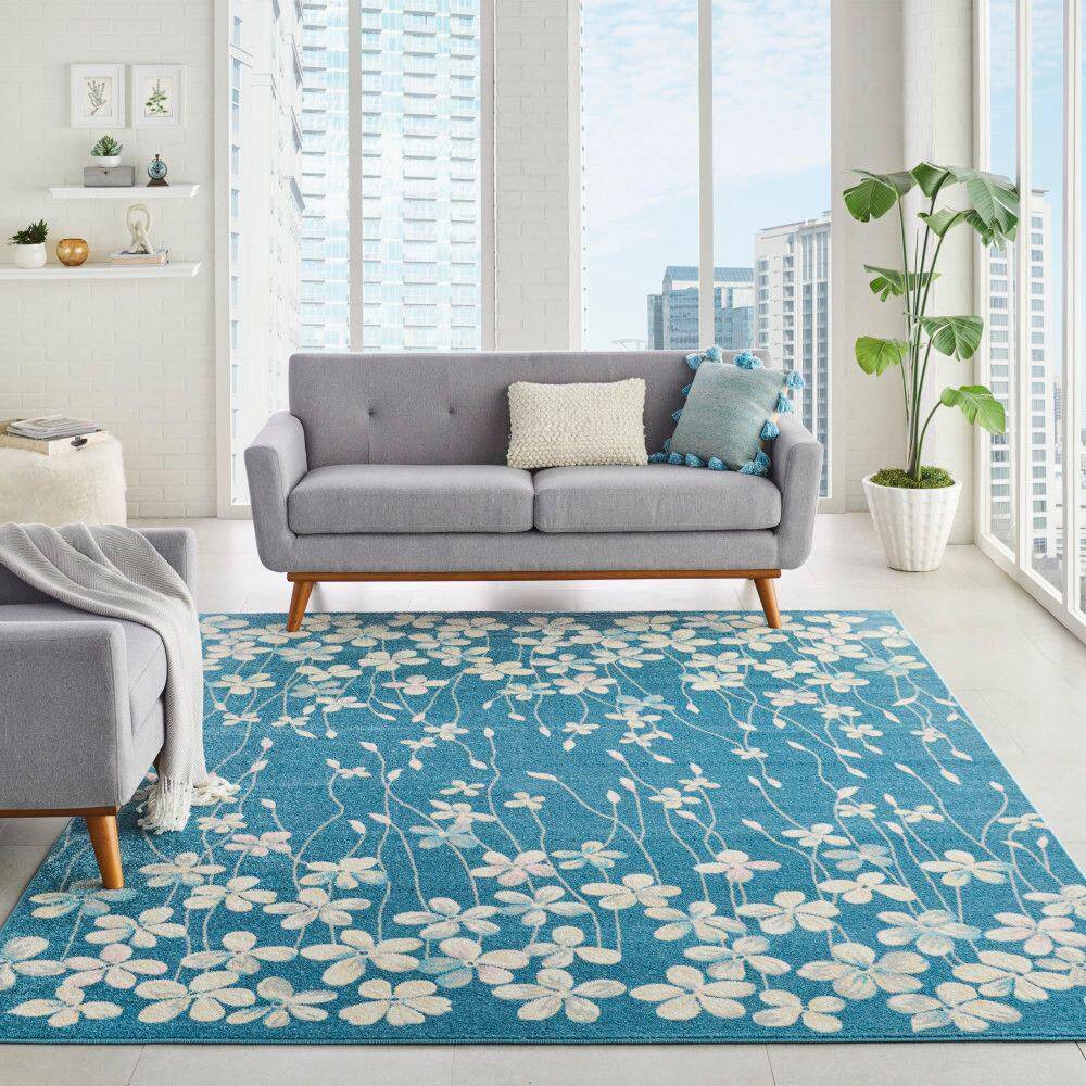 Handmade Turquoise Floral Viscose Rectangular 8' x 10' Rug
