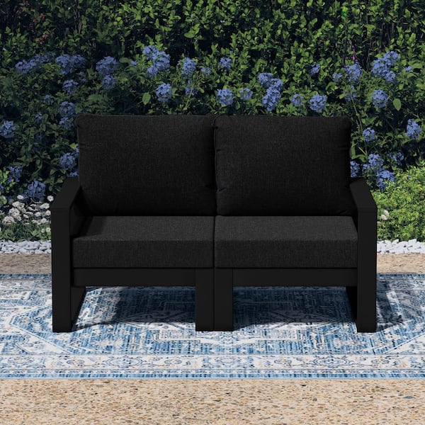 Endless Black Frame HDPE Plastic Outdoor Patio Modern Modular Loveseat with Black Cushions