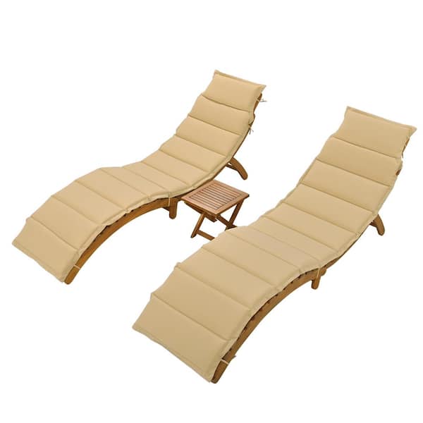 Sudzendf 3-Piece Wood Outdoor Patio Portable Extended Chaise Lounge Set with Brown Cushion