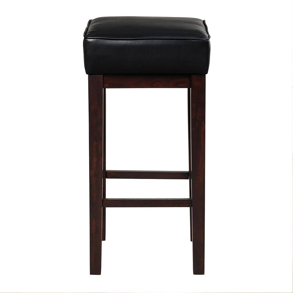 Black Faux Leather Espresso Wood Backless Bar Stools, 30.5" Set of 2