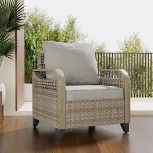 Brown Wicker Outdoor Lounge Chair Patio Dining Chair with Gray Cushions (1-Pack)