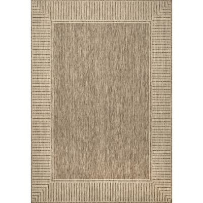 Asha Simple Border Indoor/Outdoor Light Brown 6 ft. 7 in. x 9 ft. Area Rug