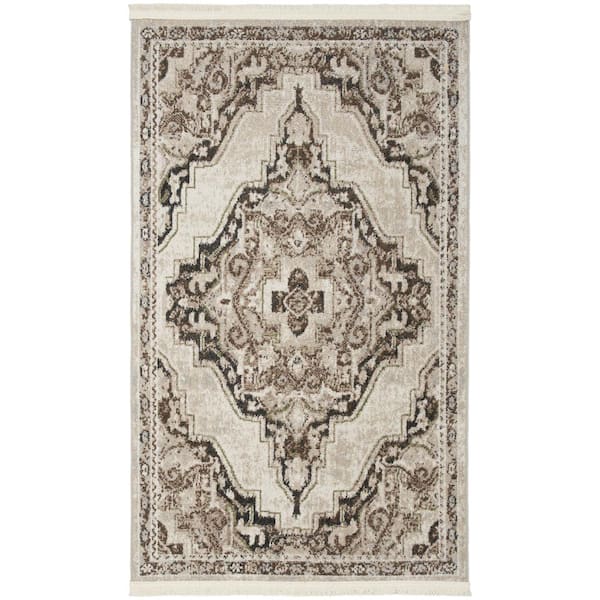 Nourison Geneva Mocha Silver doormat 2 ft. x 4 ft. Bordered Transitional Kitchen Area Rug