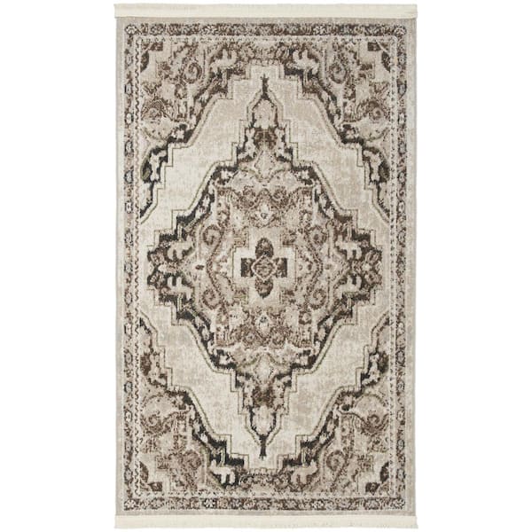 Nourison Geneva Mocha Silver 2 ft. x 4 ft. Bordered Transitional Kitchen Area Rug