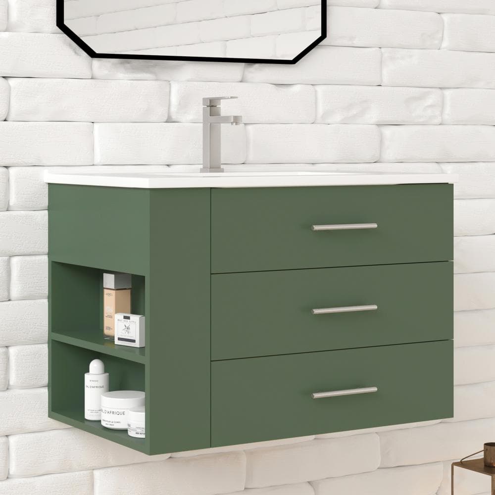 Rita 30.25 in. W Single Sink Wallmount Bath Vanity with White Ceramic Top Countertop in Forest Green w/ Left Side Shelf price history on PriceWatchPro
